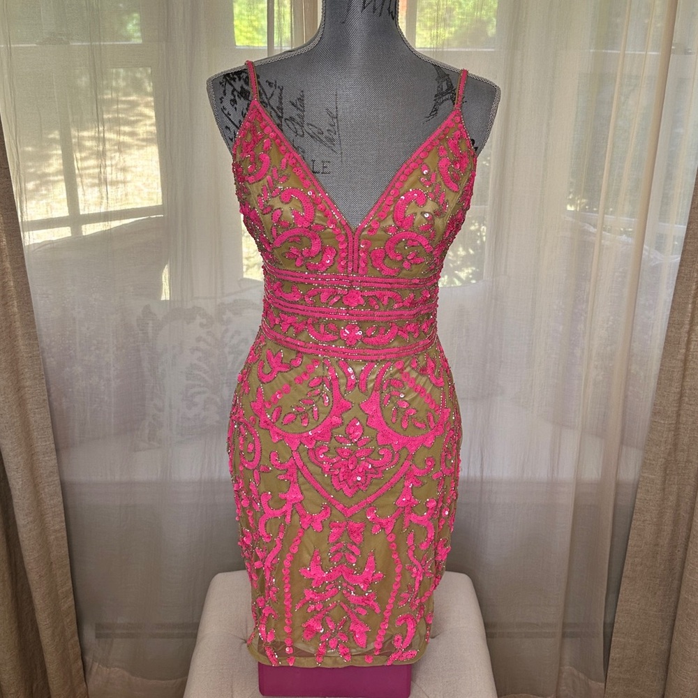 Primavera Couture nude/hot pink sequin cocktail dress, short, Size 6